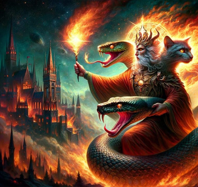 A vibrant depiction of the demon Aim with three heads—serpent, crowned man, and cat—and a flaming torch, against a backdrop of a fiery castle under a starry sky.