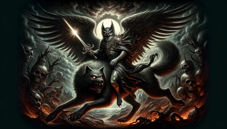 A demon Andras with an owl's head and angelic wings, wielding a sword, rides a fierce wolf among skulls and twisted trees against a lunar backdrop.