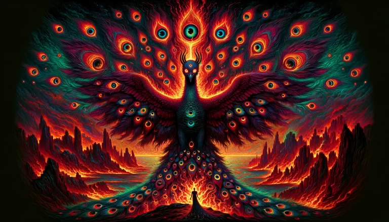 Demon Andrealphus, depicted as a radiant peacock with a fiery tail against a volcanic landscape.