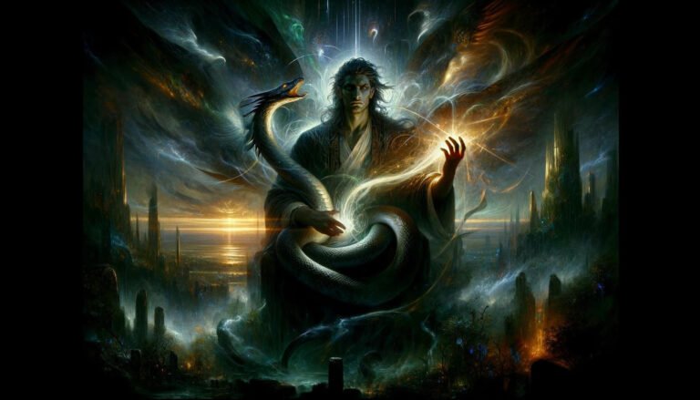 A mystical figure surrounded by ethereal energies and a coiling serpent stands against a backdrop blending a ruined cityscape with the natural world.