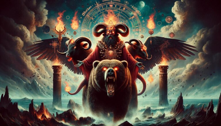 Tri-headed demon Balam with he rides upon bear with wings amidst mystical symbols and a chaotic landscape.