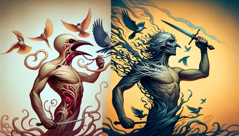 Dual depiction of demon Caim as a visceral bird-being and a shadowy warrior, both surrounded by birds