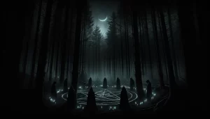 The image captures a demonology ritual in a pitch-black forest, with the scene illuminated only by the faint glow of candles around a sinister sigil, emphasizing the clandestine and perilous nature of these practices through a palette of deep shadows and soft light.