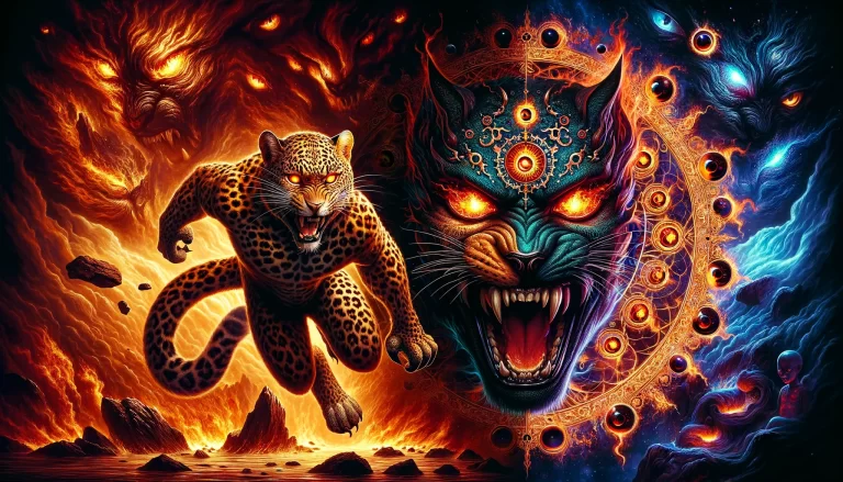 A fierce leopard, symbolizing the demon Flauros, leaps from a blaze, set against a cosmic backdrop.