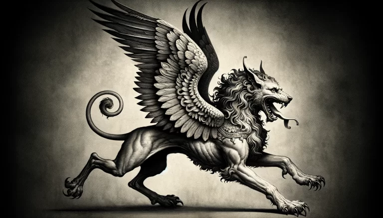 A black and white depiction of the demon Glasya-Labolas, with the body of a lion, wings, and a canine head, in a dynamic stance.