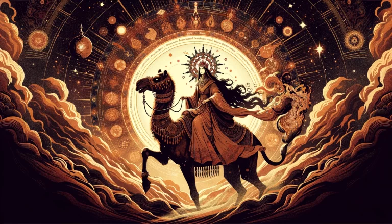 A mystical figure symbolizing the demon Gremory rides a camel against a cosmic background, with a radiant headdress and flowing robes blending with celestial and esoteric symbols.