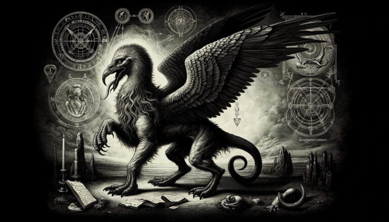 A monochrome engraving of the demon Ipos, with a beast's body and bird's head, amid occult symbols and celestial charts.