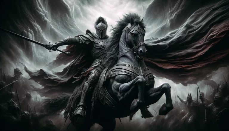 An armored knight representing the demon Kimaris rides a fierce horse amidst a tempestuous, monochrome battlefield scene.