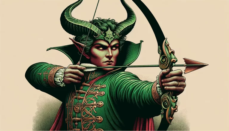 An illustration of the demon Leraje as an archer and horned helm, drawing an ornate bow, poised and regal.