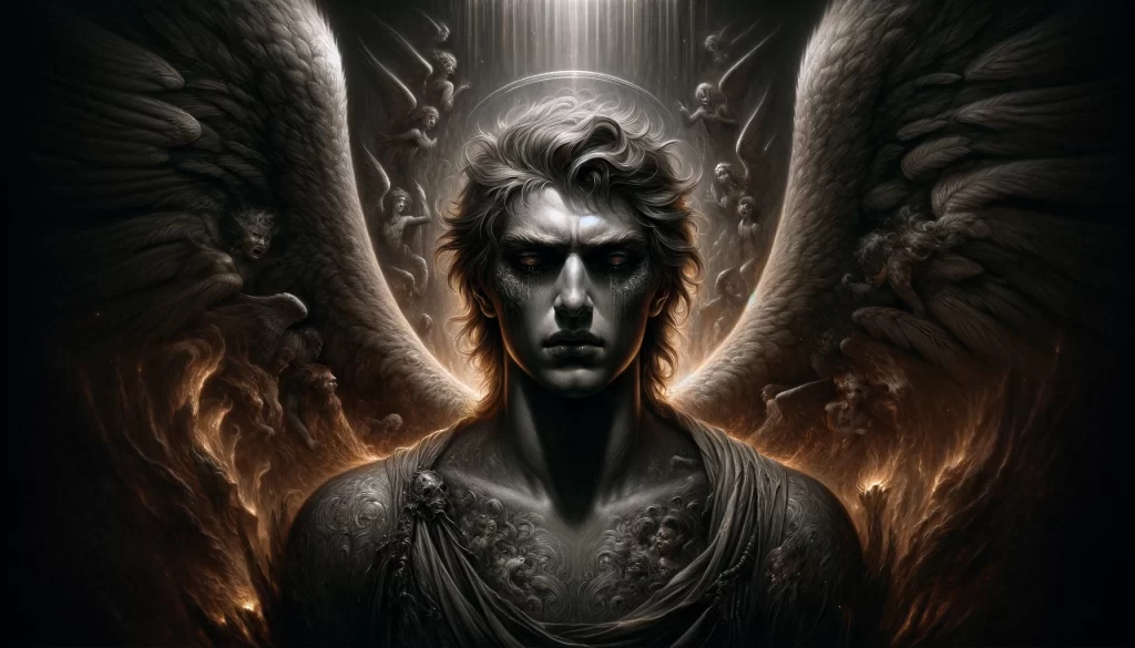 Lucifer depicted with dark, smoldering wings and a stern, somber expression post-fall.