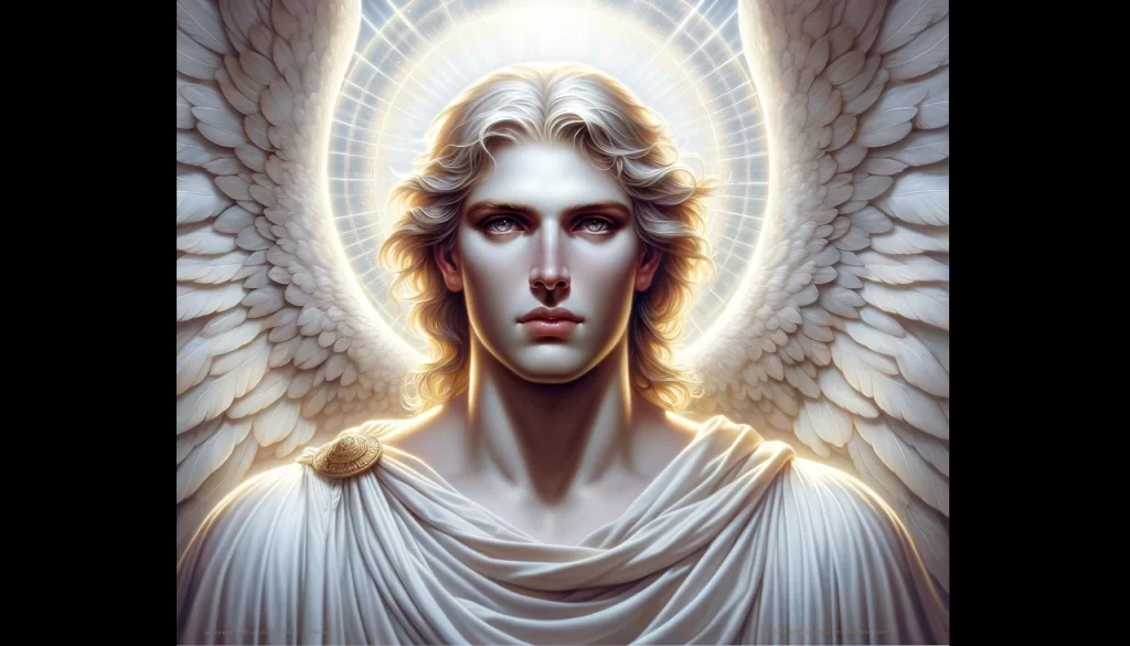 Lucifer as an angel, adorned in white, surrounded by a radiant halo.