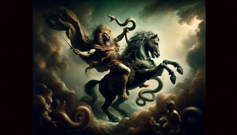 An imposing lion-headed demon, Orias, rides a black horse amidst clouds, brandishing a sword and a serpent above battling cherubs and serpents.