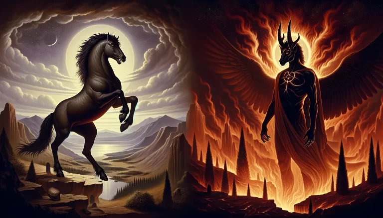 A horse and a winged demon represent the demon Orobas, divided between a tranquil night and a fiery hellscape.