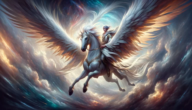 A celestial figure on a winged horse soars through a dynamic sky, encapsulating the swift spirit of the demon Seere.