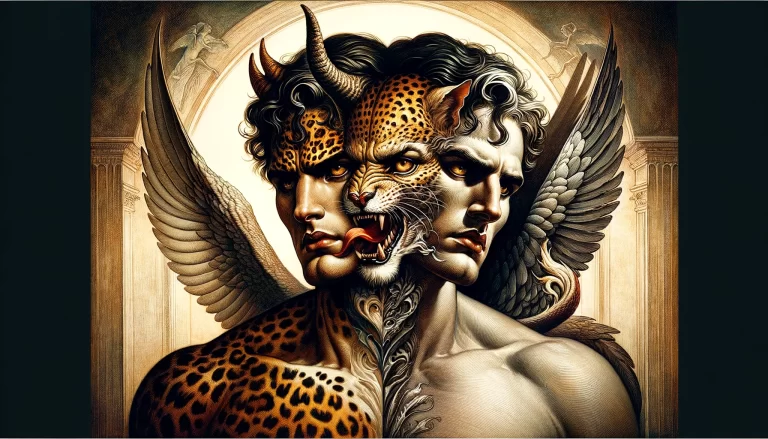 A dual-faced depiction of the demon Sitri, one side human and the other a leopard, with horns and wings, set against a backdrop of classical architecture.