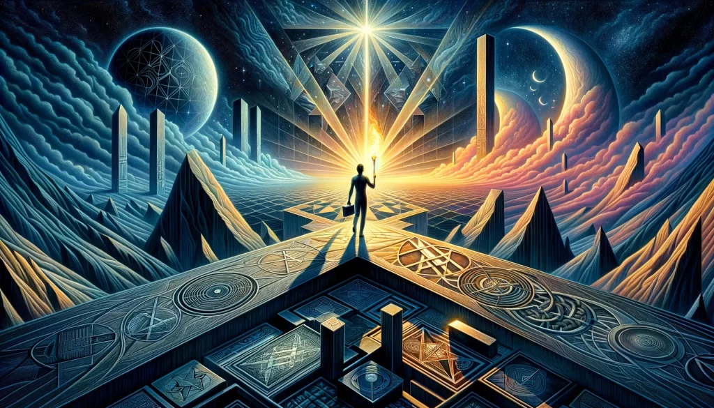 The illustration embodies the essence of Luciferianism, focusing on themes of enlightenment, knowledge, and individualism, depicted through a symbolic figure at the crossroads of light and shadow, representing the pursuit of wisdom and personal power.