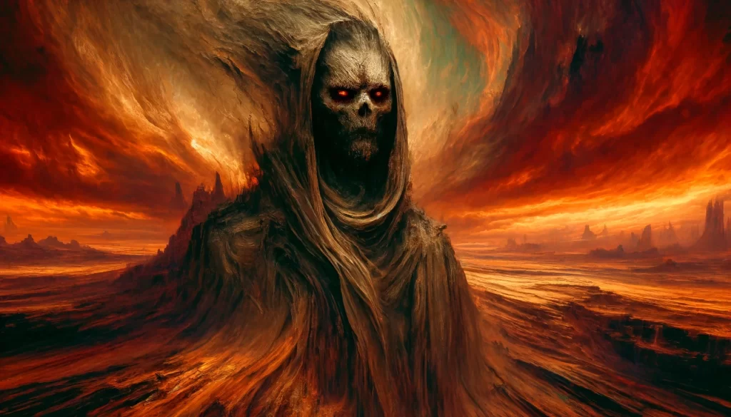 The demon Abaddon in a desolate, fiery landscape with dark crimson eyes.