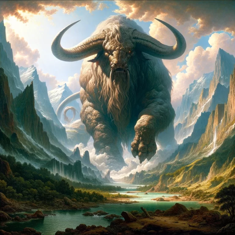 A majestic depiction of Behemoth, the colossal creature from the Book of Job, dominating a wild, untamed landscape with its massive size and strength. Surrounded by rugged mountains, dense forests, and wild rivers, Behemoth stands as a symbol of divine power and the mystery of creation, highlighting its significance in religious and mythological traditions.