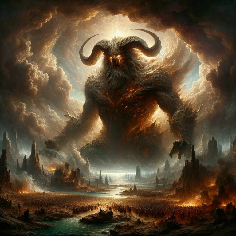 The image captures the monumental force of nature that Behemoth represents, set against a backdrop of dark, stormy skies and chaos, symbolizing the ultimate struggle between order and chaos. Behemoth stands tall and formidable, embodying God's power and the cosmic battle at the end of the world, highlighting its significant role in Christian eschatological thought.