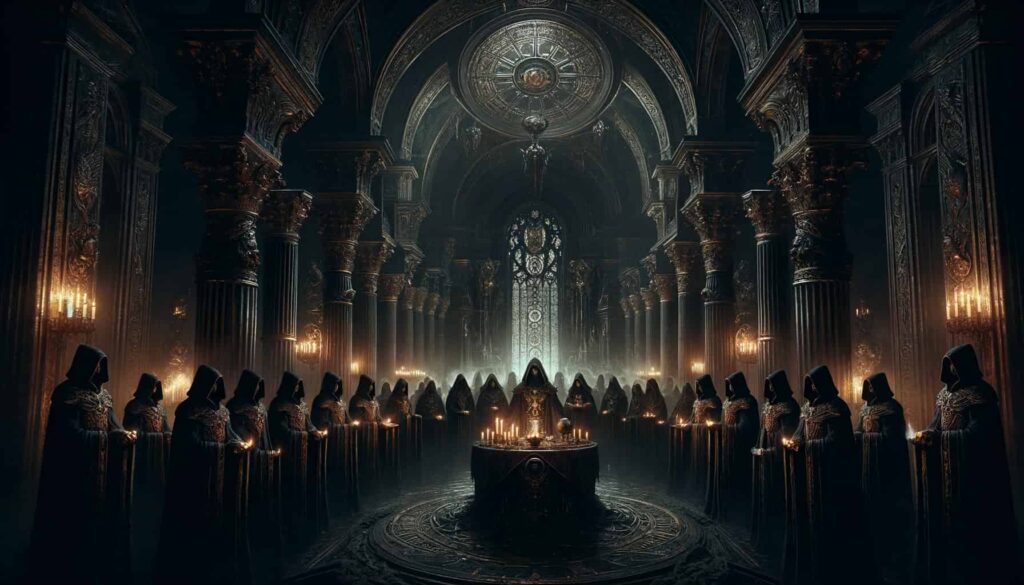 An enigmatic gathering of the top 10 powerful demons of the Goetia in a shadowy, gothic hall, highlighted by flickering candlelight.