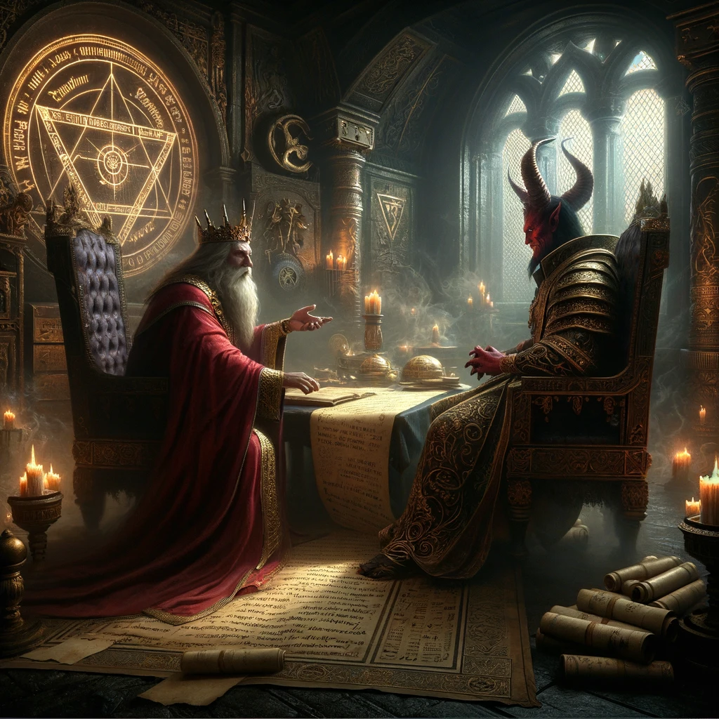 Here's a scene depicting King Solomon, a figure of wisdom and authority, engaging in negotiation with Asmodeus, the King of Demons.