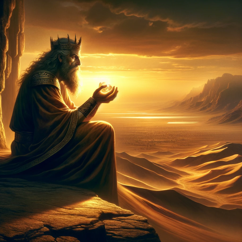 In this evocative scene, King Solomon is depicted in deep thought, seated on the edge of a cliff with a vast desert stretching out before him.