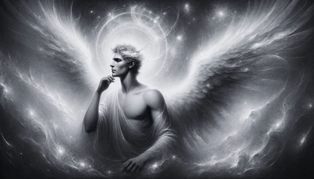 Lucifer with wide-spread wings and a crown of light, set against a celestial background.