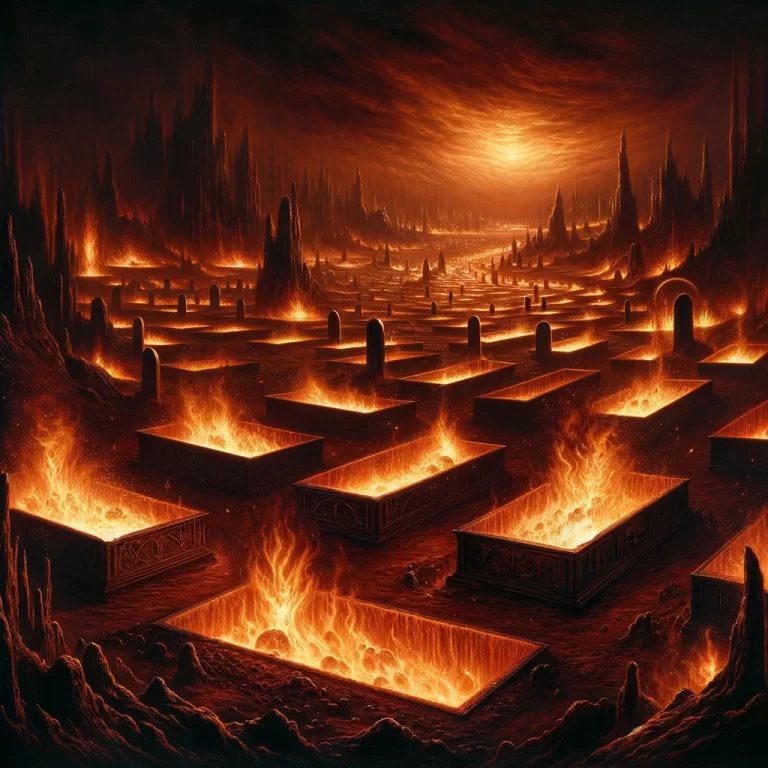 A visual representation of the Sixth Circle from Dante's Inferno, showcasing a dark, desolate landscape filled with open graves surrounded by intense flames.