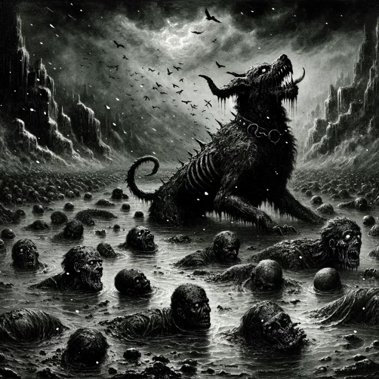 A dark, overcast scene of souls submerged in vile slush, tormented by Cerberus in the punishment for gluttony.