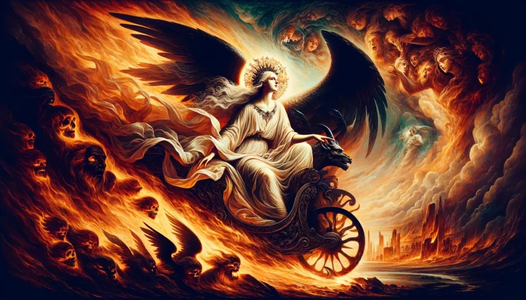 Artistic depiction of Belial as a beautiful angel in a fiery chariot, symbolizing his fall from grace and chaotic nature.