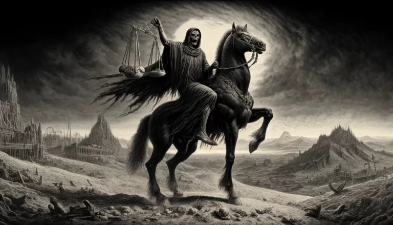 The Black Horseman of Famine, on a black horse, holding scales in a barren landscape, symbolizing scarcity and hardship.