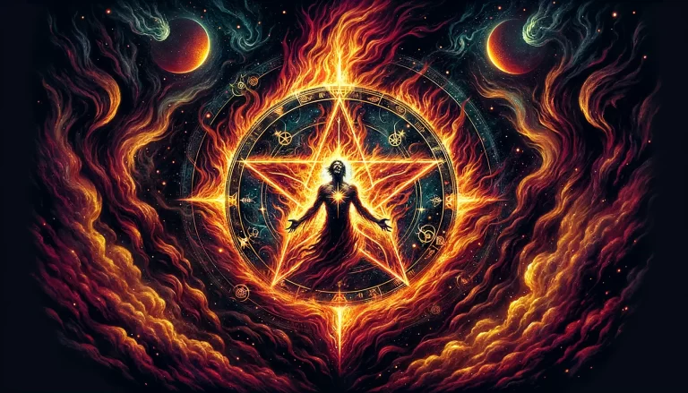 Mystical depiction of Decarabia as a man surrounded by fire, inside a star and pentacle.