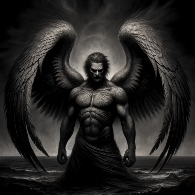 Dark, mystical depiction of Focalor with griffin wings, against a stormy sky and turbulent ocean.