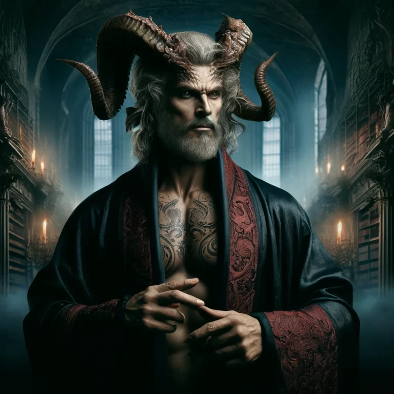 Illustration of Foras as a wise, strong demon in a gothic library, exuding authority and calm intelligence, dressed in a dark, intricate robe.