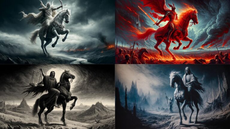 Artistic depiction of the Four Horsemen of the Apocalypse, featuring the White, Red, Black, and Pale Horsemen in dynamic, atmospheric settings, symbolizing conquest, war, famine, and death respectively.