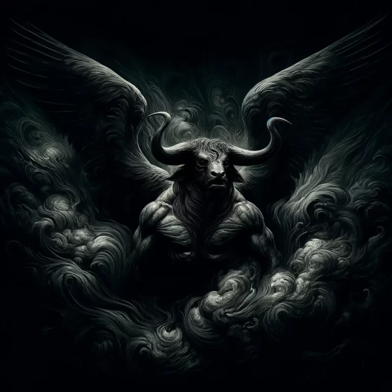 Dark monochrome depiction of Haagenti as a bull with griffin wings, merging into a shadowy, ominous background.