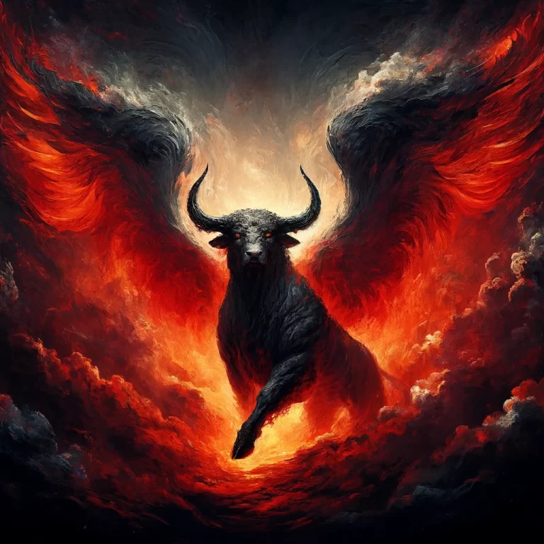 Demonic depiction of Haagenti as a muscular bull with griffin wings, in a dark, apocalyptic setting with crimson and black tones.