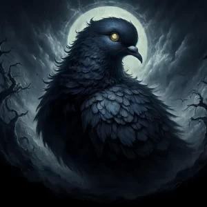 Demon Halphas with midnight blue and charcoal black feathers and glowing yellow eyes, set against a foggy, moonlit landscape with twisted trees.