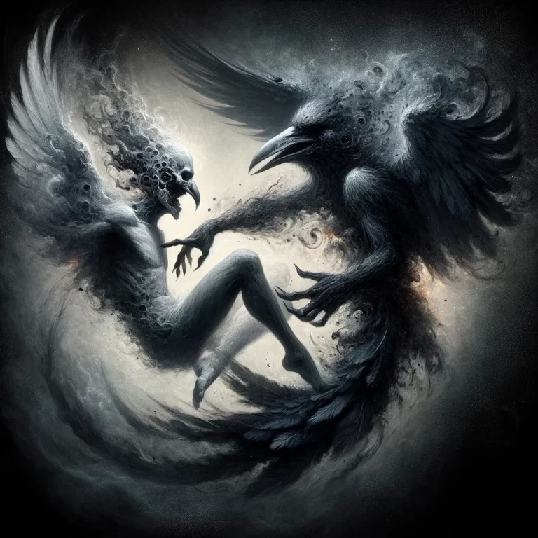 Artistic depiction of demon Malphas transforming from a dark, mysterious crow into an enigmatic human figure in a shadowy, mystical environment.