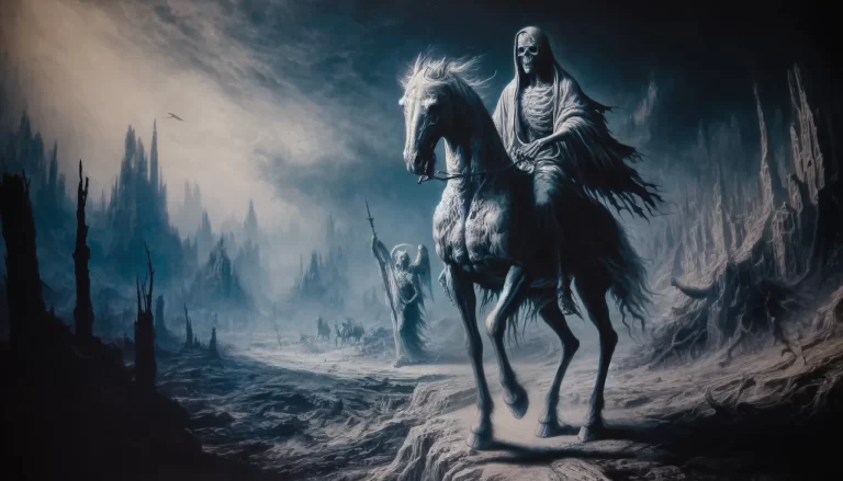 The Pale Horseman, Death, rides a pale horse, accompanied by Hades in a desolate landscape.