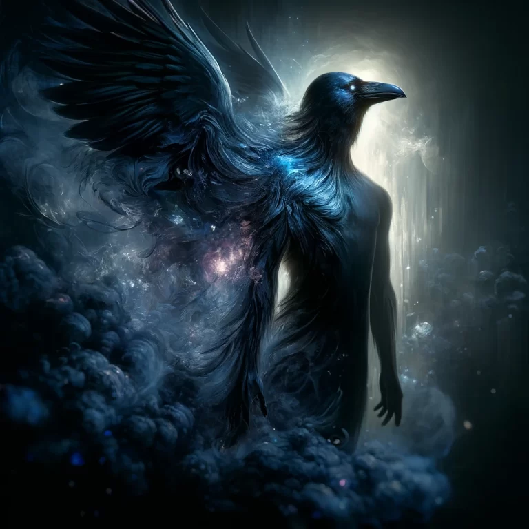 Depiction of demon Raum as a glossy black crow with indigo and silver reflections, transitioning into a spectral human silhouette against a surreal, misty background with ghostly lights.