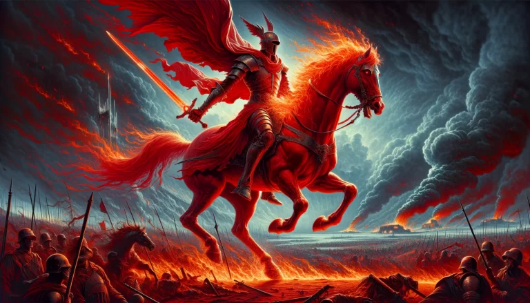 The Red Horseman of the Apocalypse, symbolizing War, rides a fiery red horse across a chaotic battlefield.