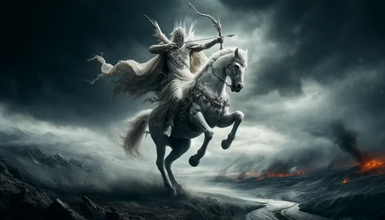 The White Horseman of the Apocalypse riding a white horse across a stormy landscape, symbolizing conquest and pestilence.