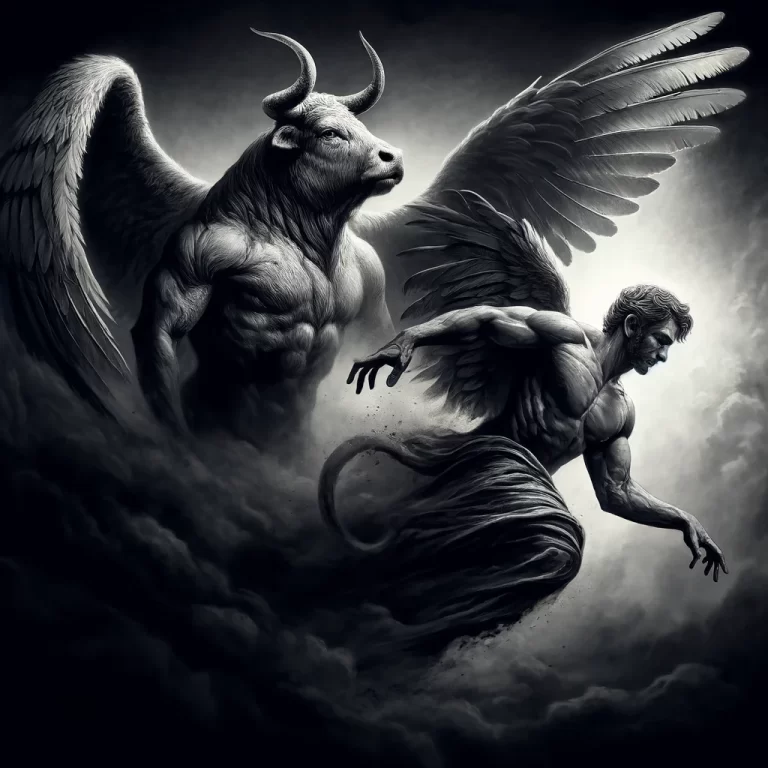 Monochrome depiction of Zagan, a mythical creature transforming from a bull with griffin wings to a man, symbolizing power and change.