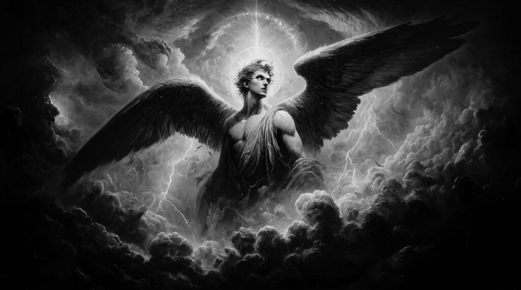 Lucifer with grand wings against a stormy, celestial background in a 19th-century style.