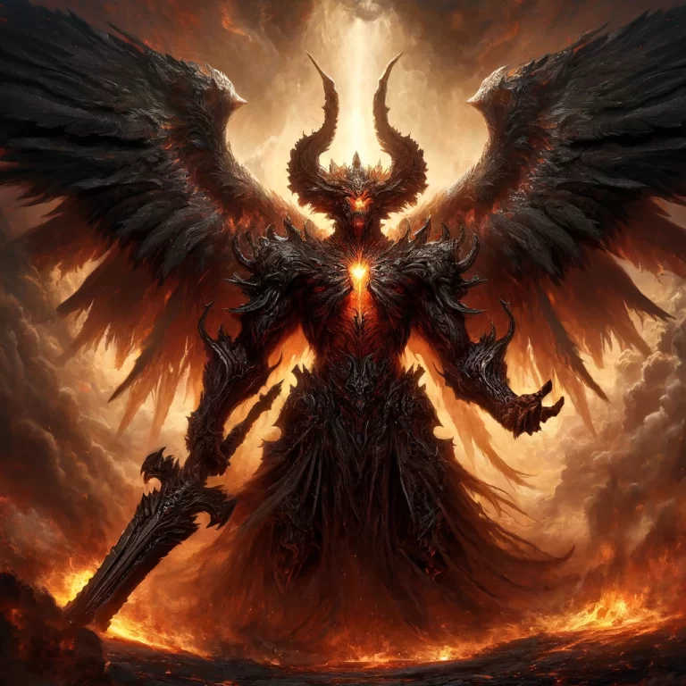 Abaddon, the Angel of the Abyss, depicted as a fearsome figure with dark wings, wielding a sword amid flames and a fiery, desolate landscape.