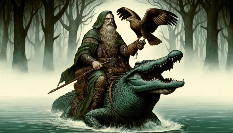 Illustration of Agares, an old man riding a crocodile and holding a hawk, in a misty, eerie swamp.