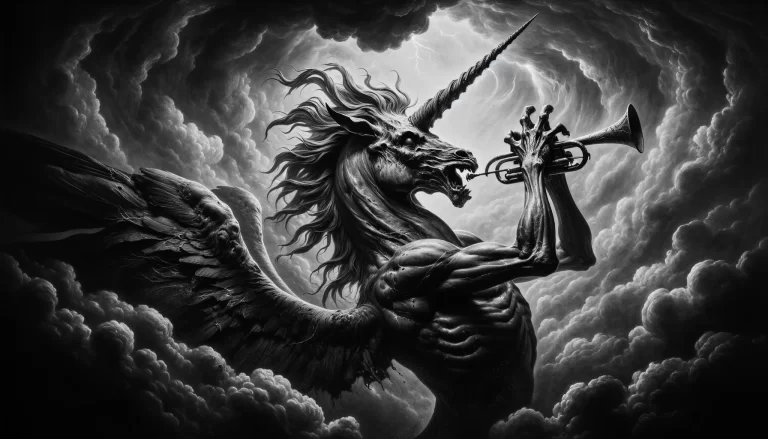 Monochrome depiction of Amdusias with a unicorn head, single horn, and humanoid body, set against a stormy background.