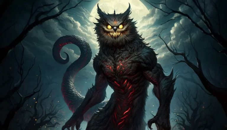 A terrifying depiction of the demon Amon, with the head of an owl and the body of a wolf, set in a haunted, misty forest under a dark, moonlit sky.