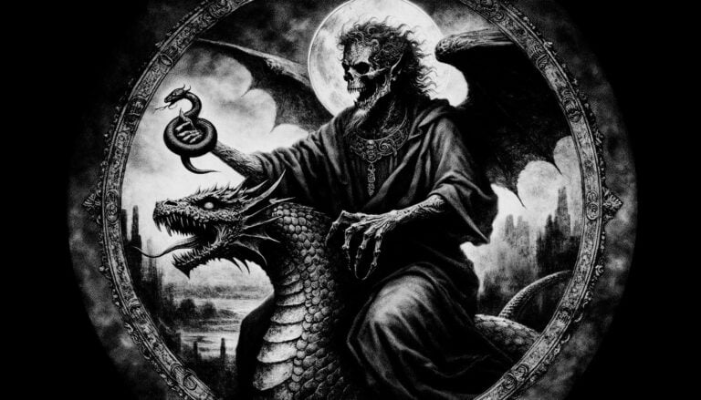 Astaroth depicted as a dark angel riding a dragon, holding a viper in a monochrome palette.